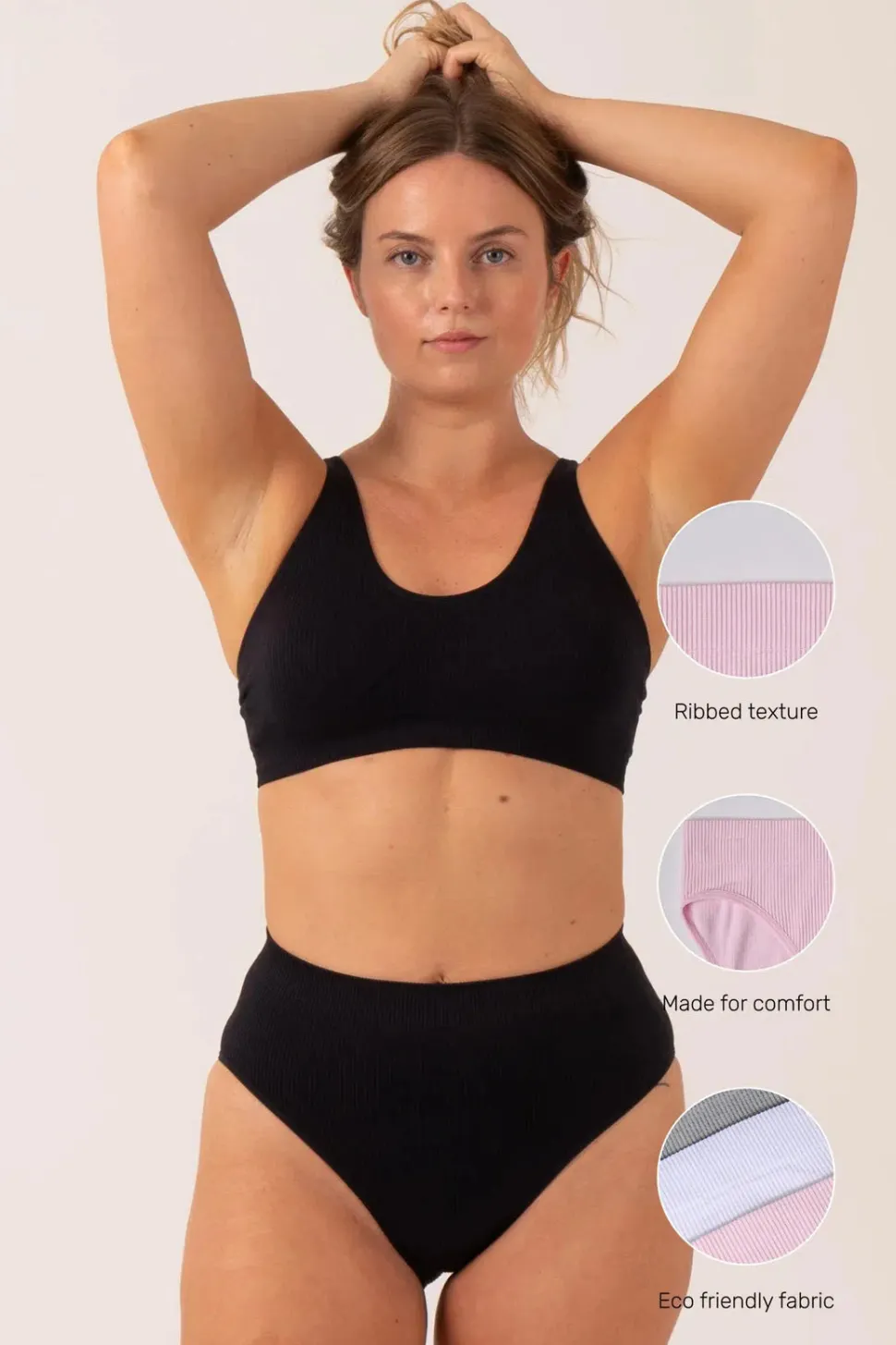 Black Rib Seam Free - High Waist, High Leg Bikini Briefs