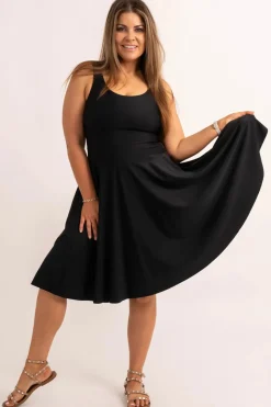 Black Silky - Scoop Neck Comfort Crop Midi Dress W/ Pockets
