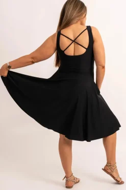 Black Silky - Scoop Neck Comfort Crop Midi Dress W/ Pockets