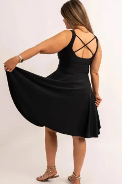 Black Silky - Scoop Neck Comfort Crop Midi Dress W/ Pockets