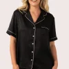 Black Zebra Jaquard Satin - Short Sleeve Button Up Shirt & Shorts Pyjama Set