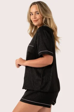 Black Zebra Jaquard Satin - Short Sleeve Button Up Shirt & Shorts Pyjama Set