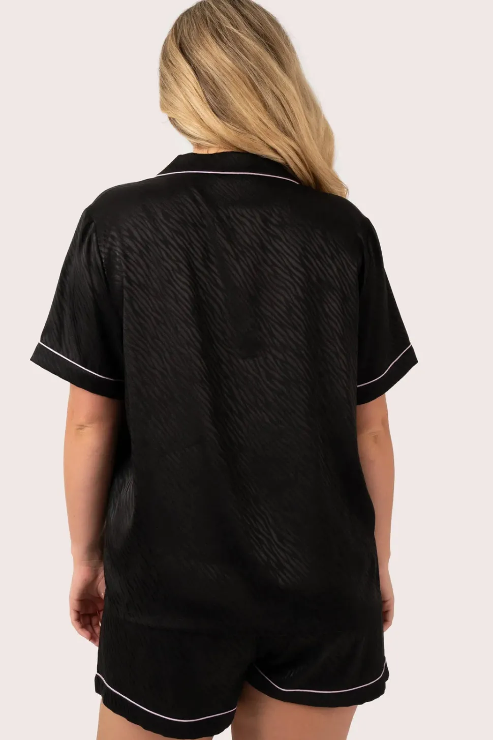 Black Zebra Jaquard Satin - Short Sleeve Button Up Shirt & Shorts Pyjama Set