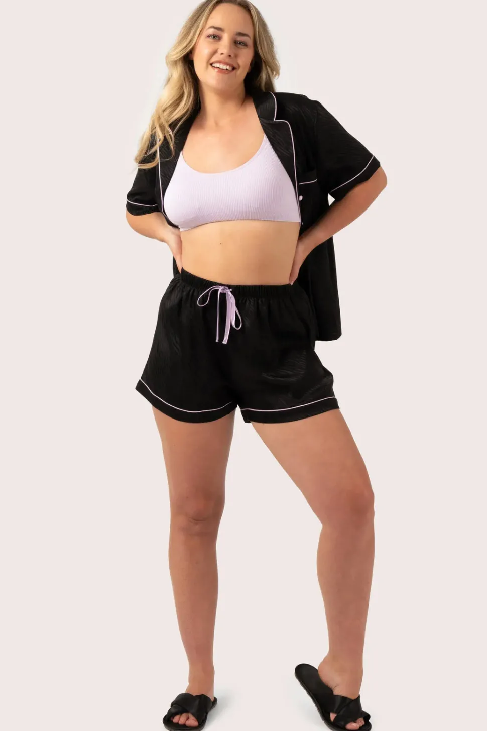 Black Zebra Jaquard Satin - Short Sleeve Button Up Shirt & Shorts Pyjama Set