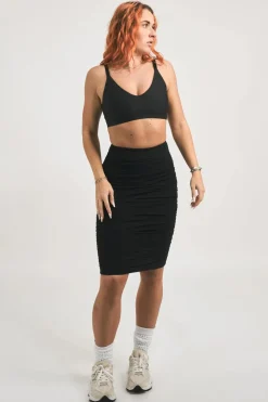 Body Contouring Mesh Ruched Midi Skirt - Black