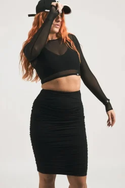 Body Contouring Mesh Ruched Midi Skirt - Black