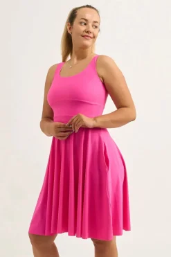 Candy Pink Silky - Scoop Neck Comfort Crop Midi Dress W/ Pockets