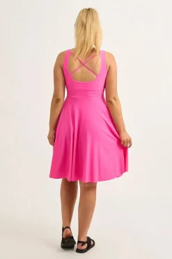 Candy Pink Silky - Scoop Neck Comfort Crop Midi Dress W/ Pockets