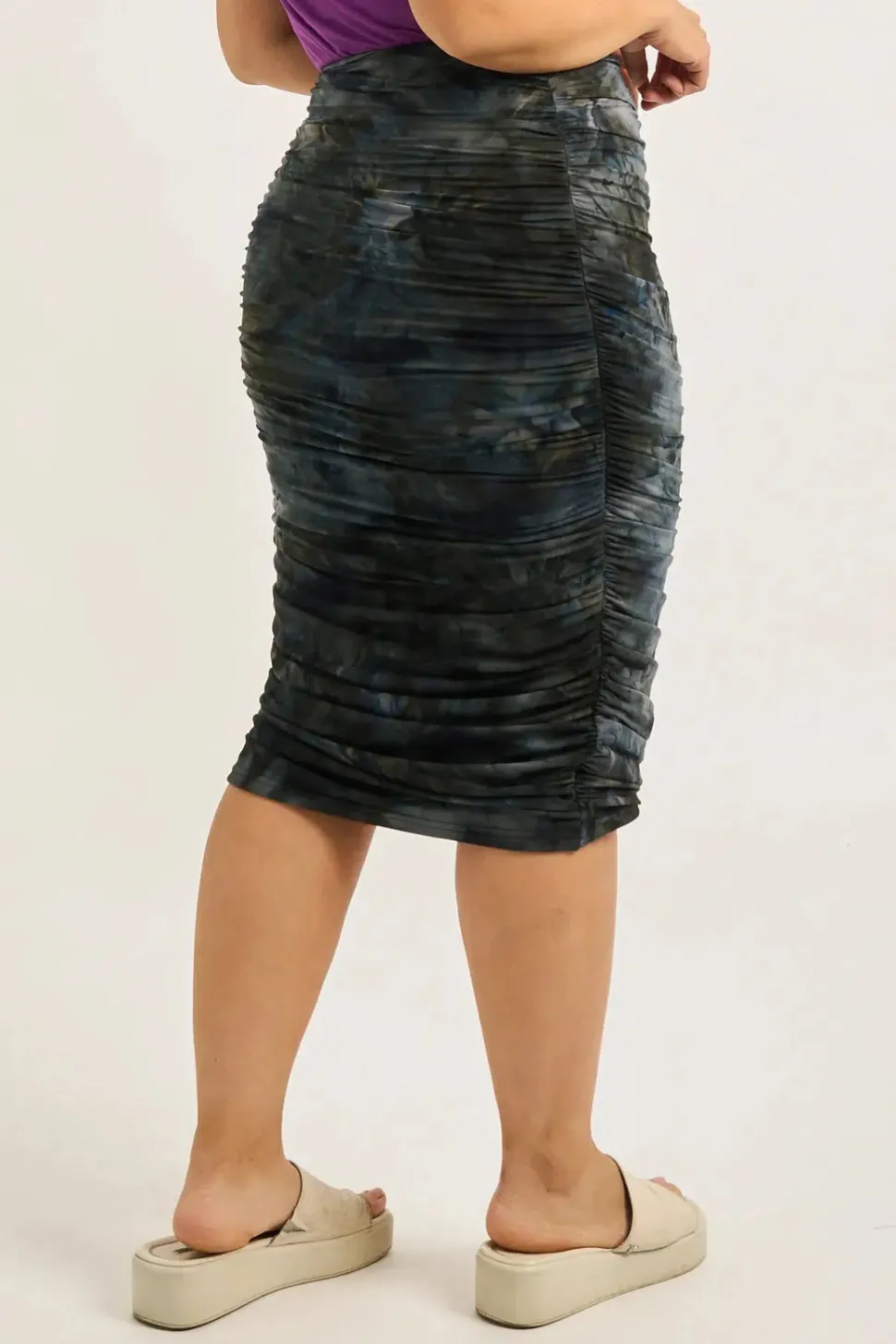 Dark and Moody Tie Dye Soft To Touch - Ruched Midi Skirt