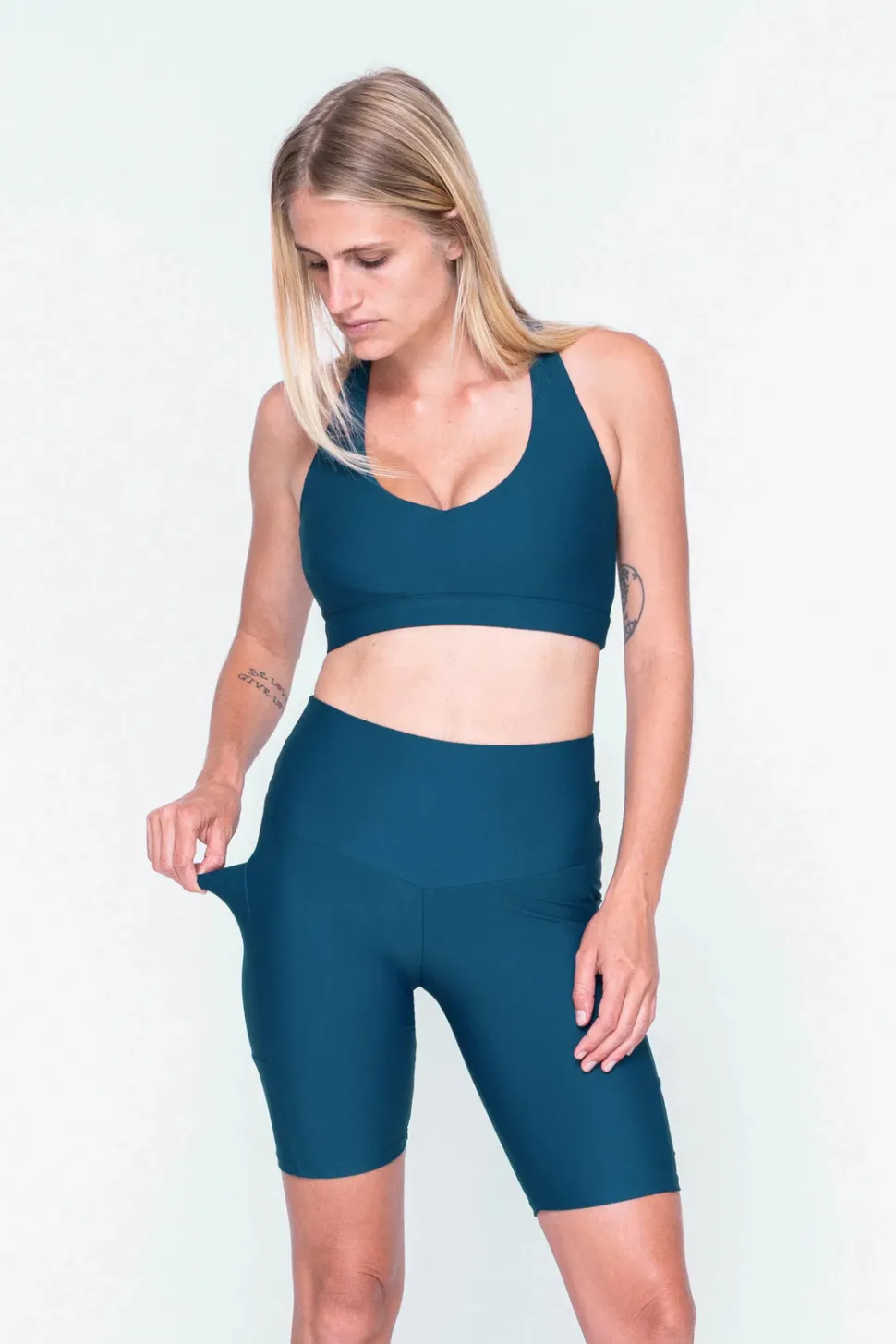 Dark Teal Performance - Panel Pocket High Waisted Long Shorts