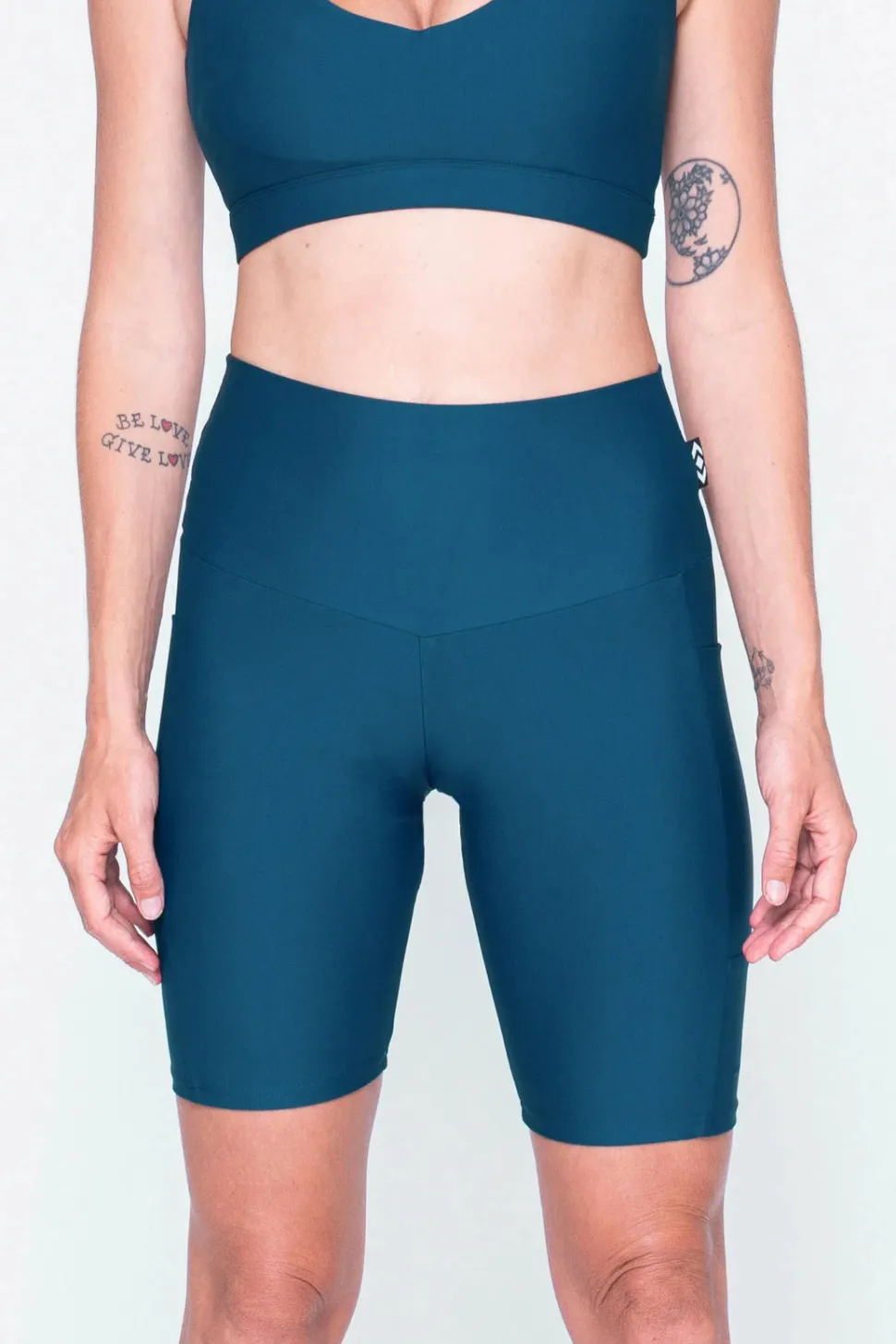 Dark Teal Performance - Panel Pocket High Waisted Long Shorts