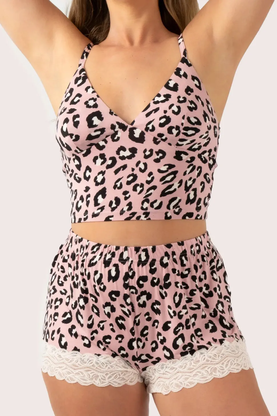 Dusty Pink Leopard Mania Modal - Lace Trim Short