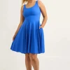Electric Blue Silky - Scoop Neck Comfort Crop Midi Dress W/ Pockets