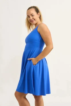 Electric Blue Silky - Scoop Neck Comfort Crop Midi Dress W/ Pockets