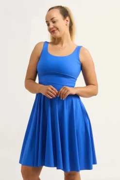 Electric Blue Silky - Scoop Neck Comfort Crop Midi Dress W/ Pockets