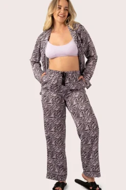 Lilac Wild Zebra Satin - Long Sleeve Button Up Shirt & Pants Pyjama Set