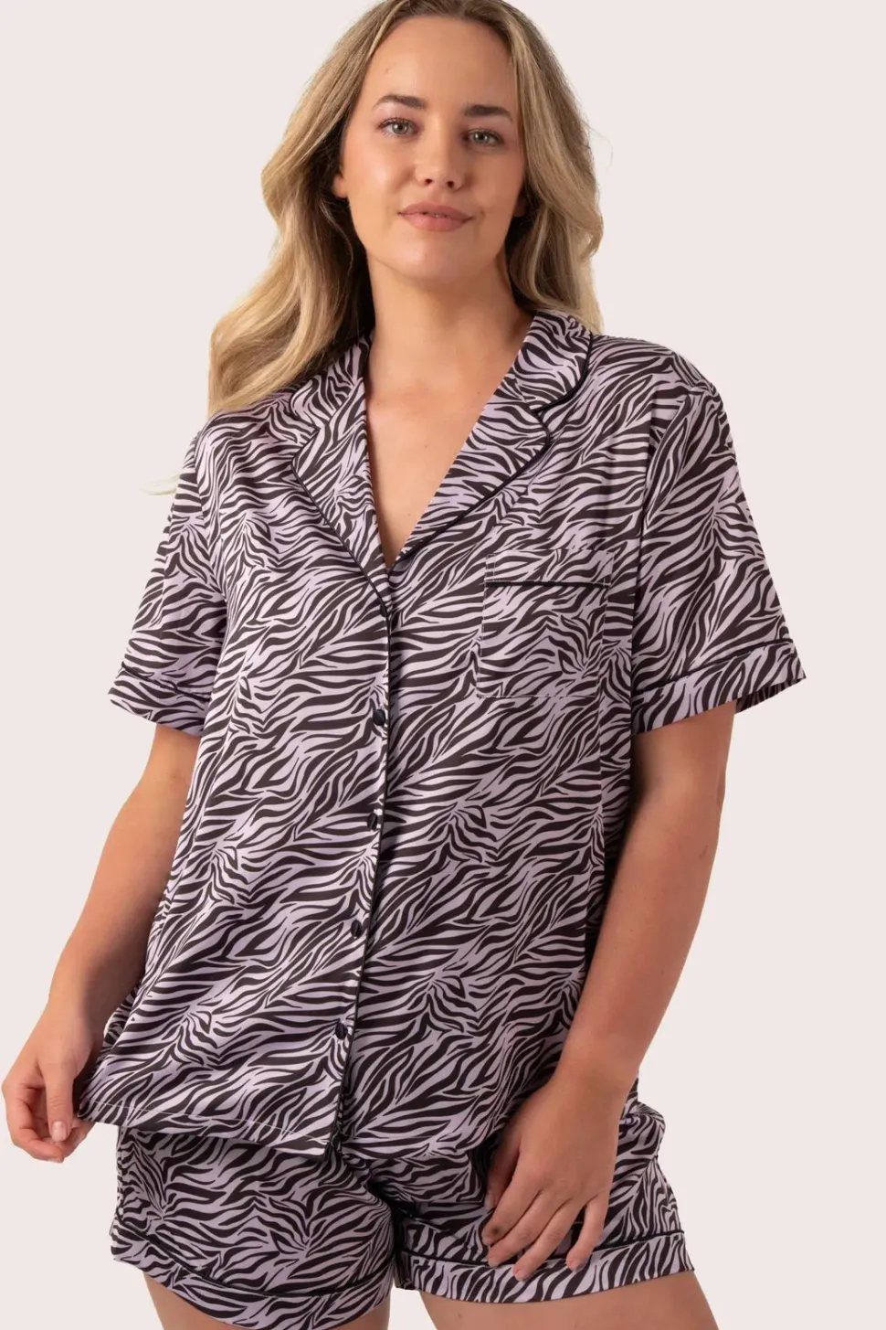 Lilac Wild Zebra Satin - Short Sleeve Button Up Shirt & Shorts Pyjama Set