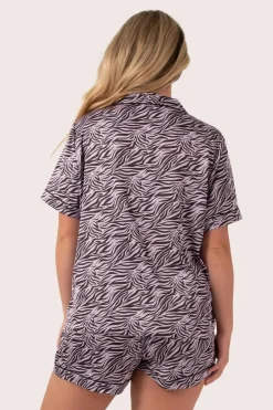 Lilac Wild Zebra Satin - Short Sleeve Button Up Shirt & Shorts Pyjama Set