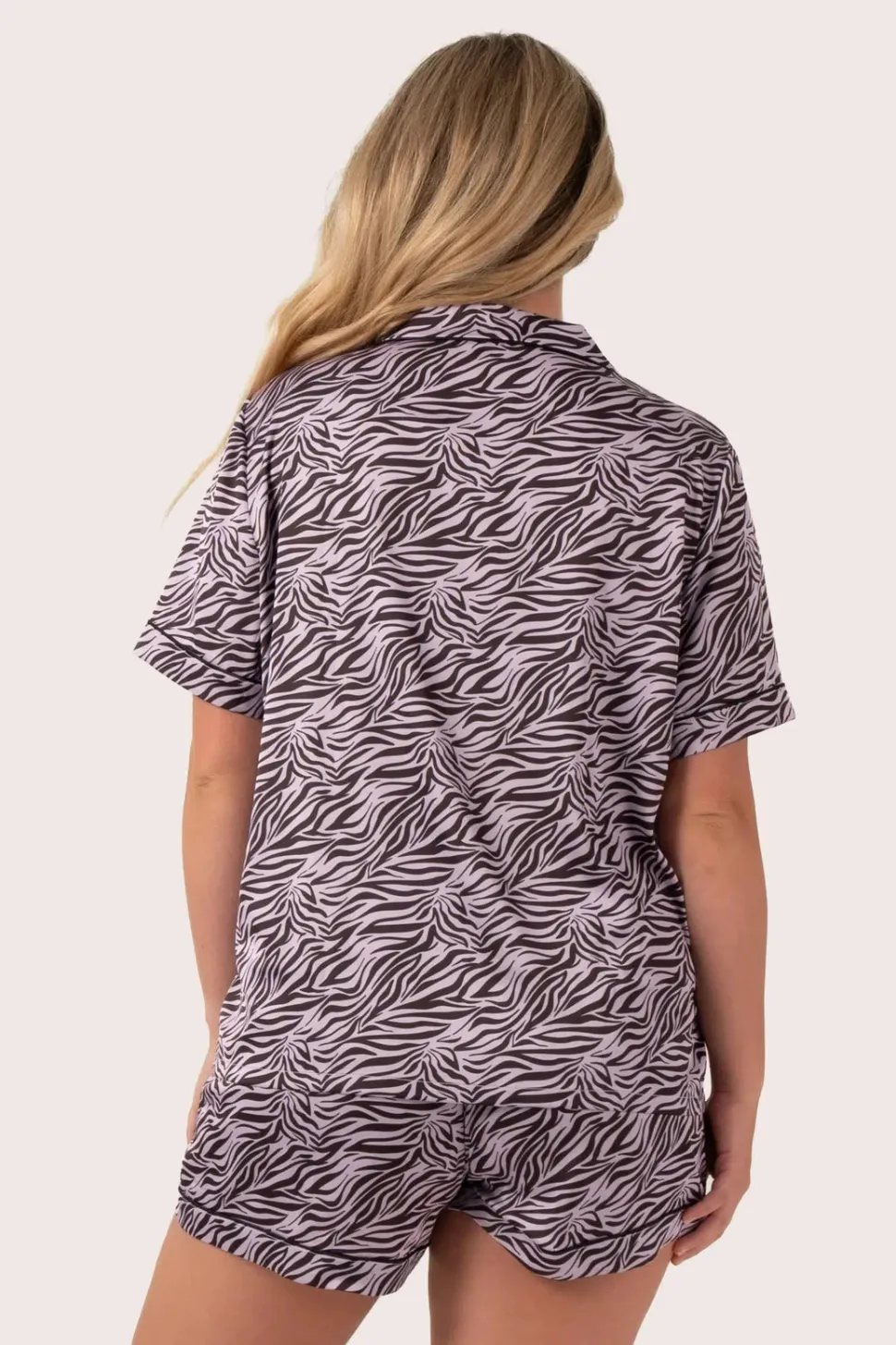 Lilac Wild Zebra Satin - Short Sleeve Button Up Shirt & Shorts Pyjama Set