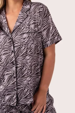 Lilac Wild Zebra Satin - Short Sleeve Button Up Shirt & Shorts Pyjama Set