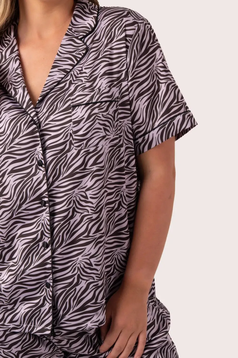Lilac Wild Zebra Satin - Short Sleeve Button Up Shirt & Shorts Pyjama Set