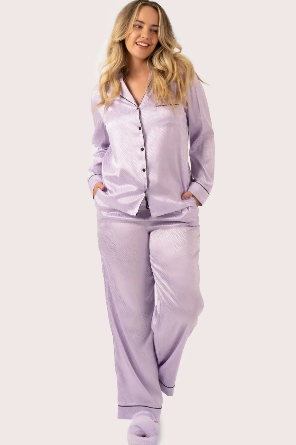 Lilac Zebra Jaquard Satin - Long Sleeve Button Up Shirt & Pants Pyjama Set