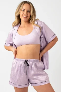 Lilac Zebra Jaquard Satin - Short Sleeve Button Up Shirt & Shorts Pyjama Set