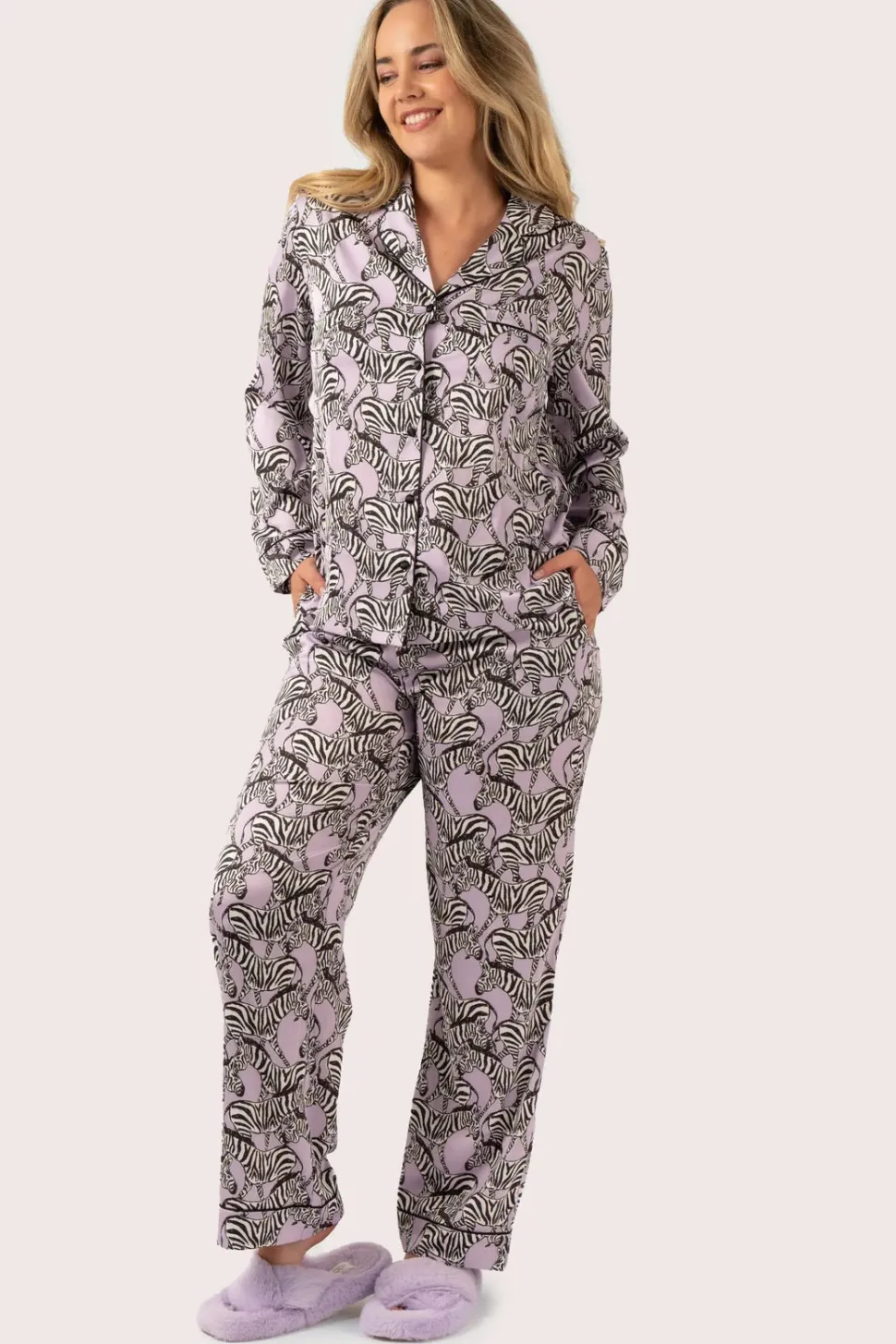 Lilac Zebra Zen Satin - Long Sleeve Button Up Shirt & Pants Pyjama Set