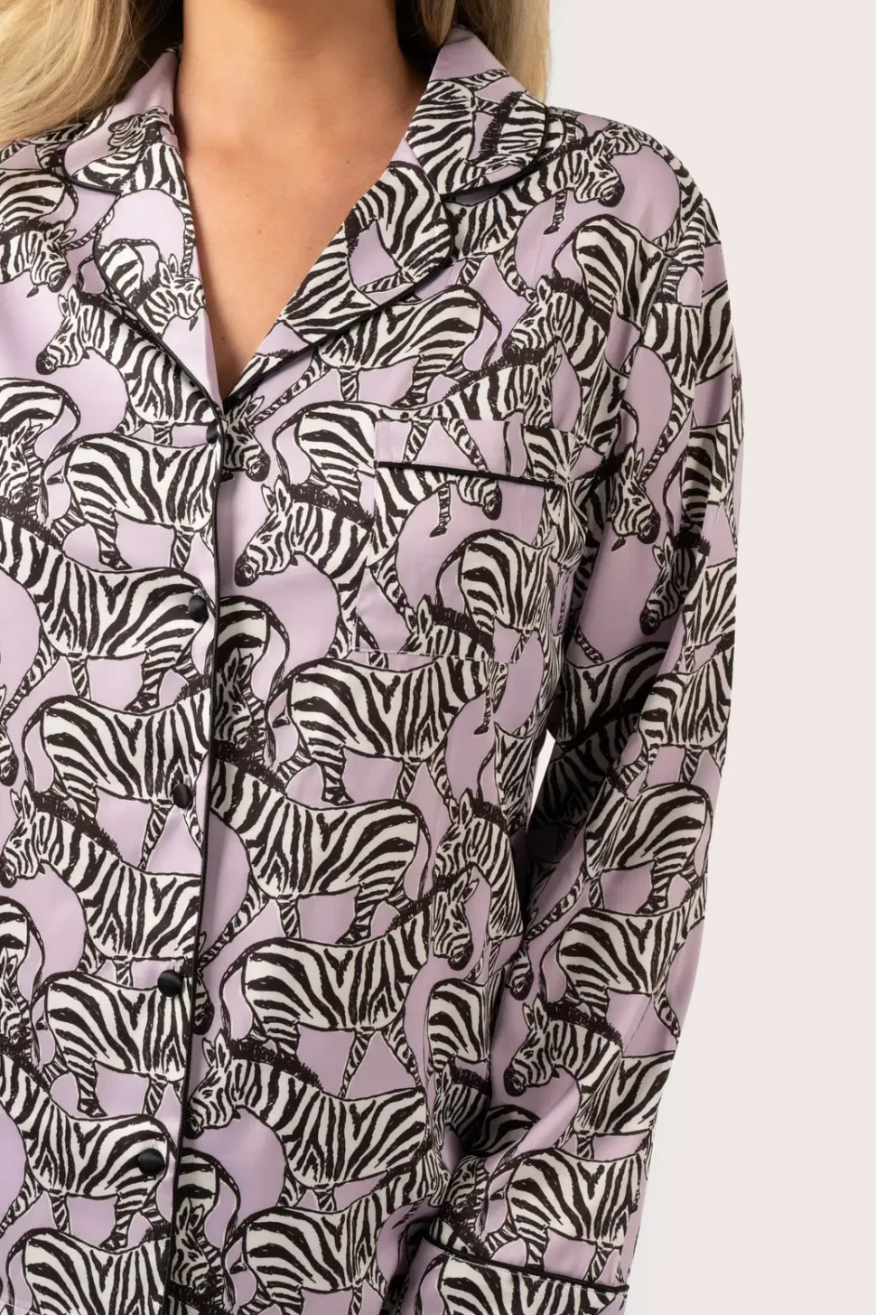 Lilac Zebra Zen Satin - Long Sleeve Button Up Shirt & Pants Pyjama Set