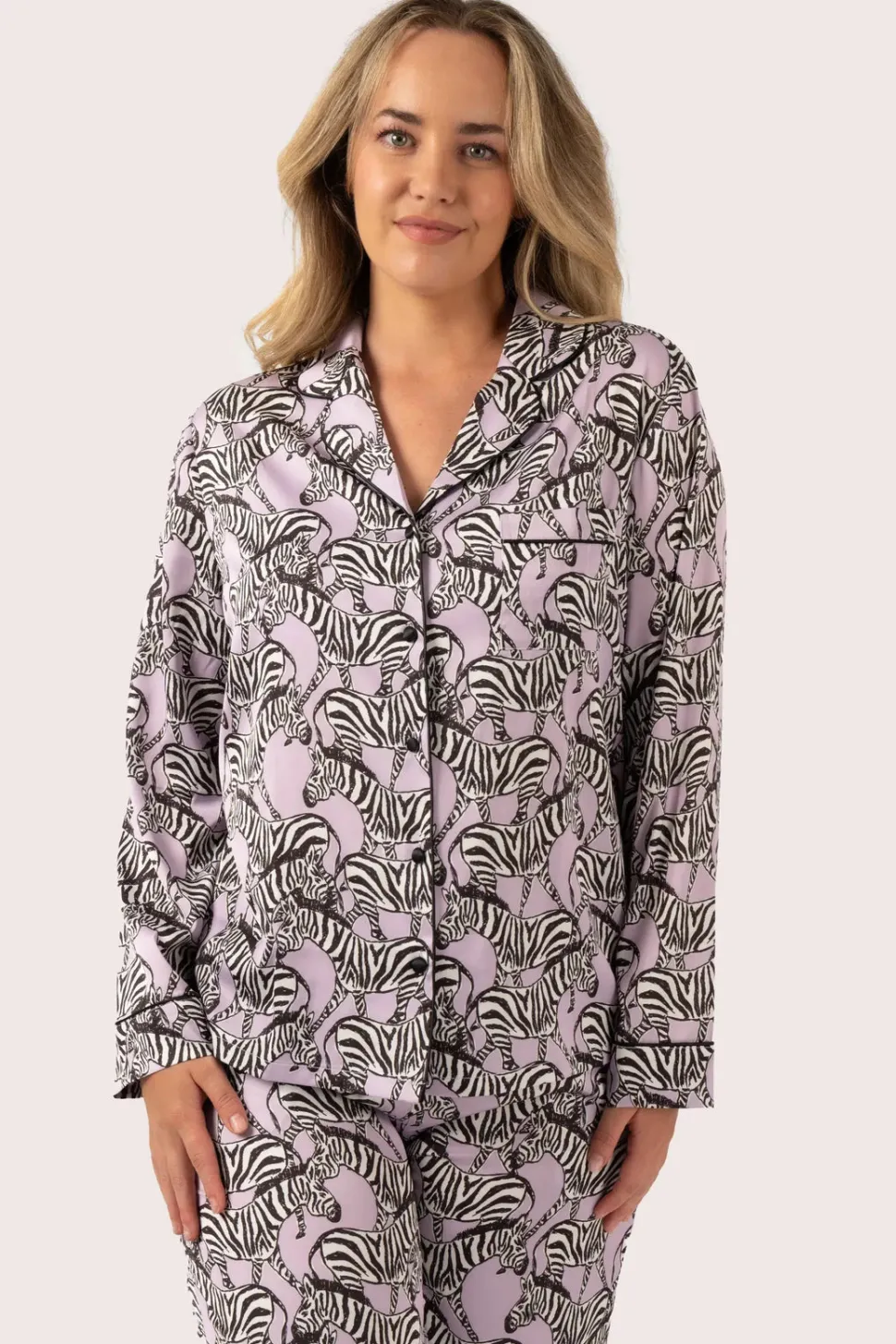 Lilac Zebra Zen Satin - Long Sleeve Button Up Shirt & Pants Pyjama Set