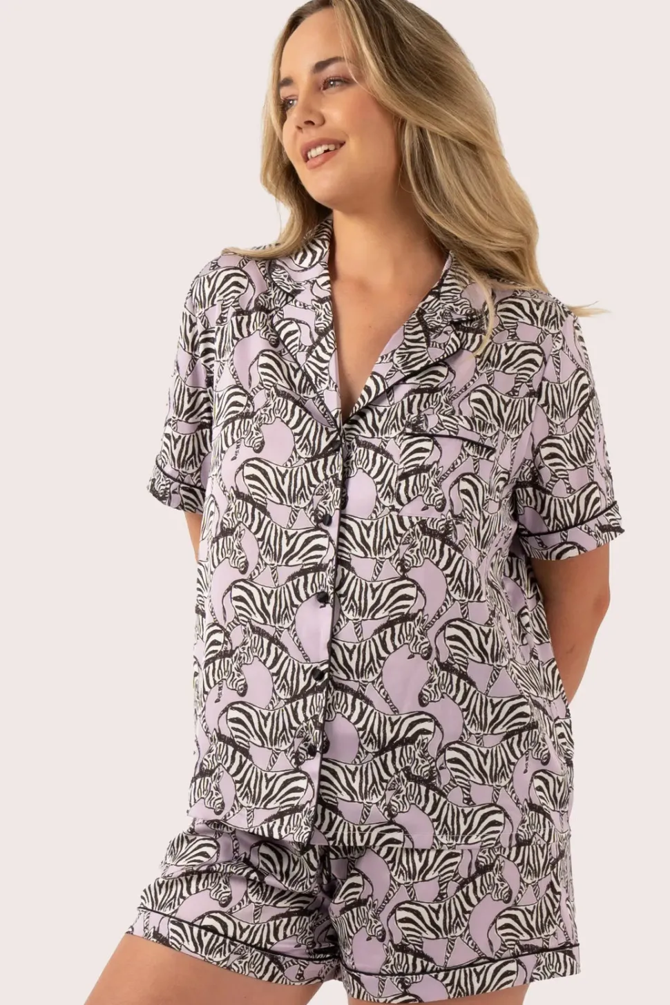 Lilac Zebra Zen Satin - Short Sleeve Button Up Shirt & Shorts Pyjama Set