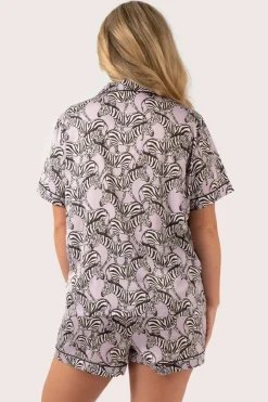 Lilac Zebra Zen Satin - Short Sleeve Button Up Shirt & Shorts Pyjama Set