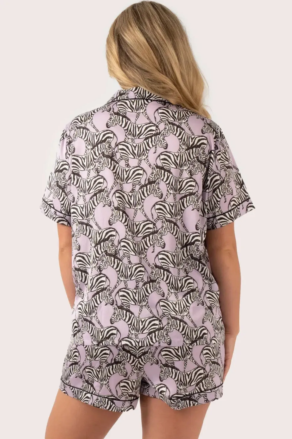 Lilac Zebra Zen Satin - Short Sleeve Button Up Shirt & Shorts Pyjama Set