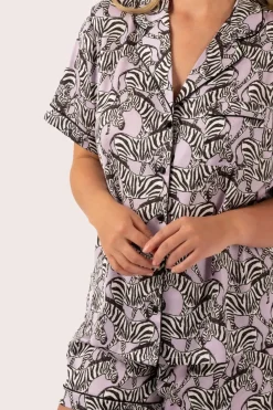 Lilac Zebra Zen Satin - Short Sleeve Button Up Shirt & Shorts Pyjama Set