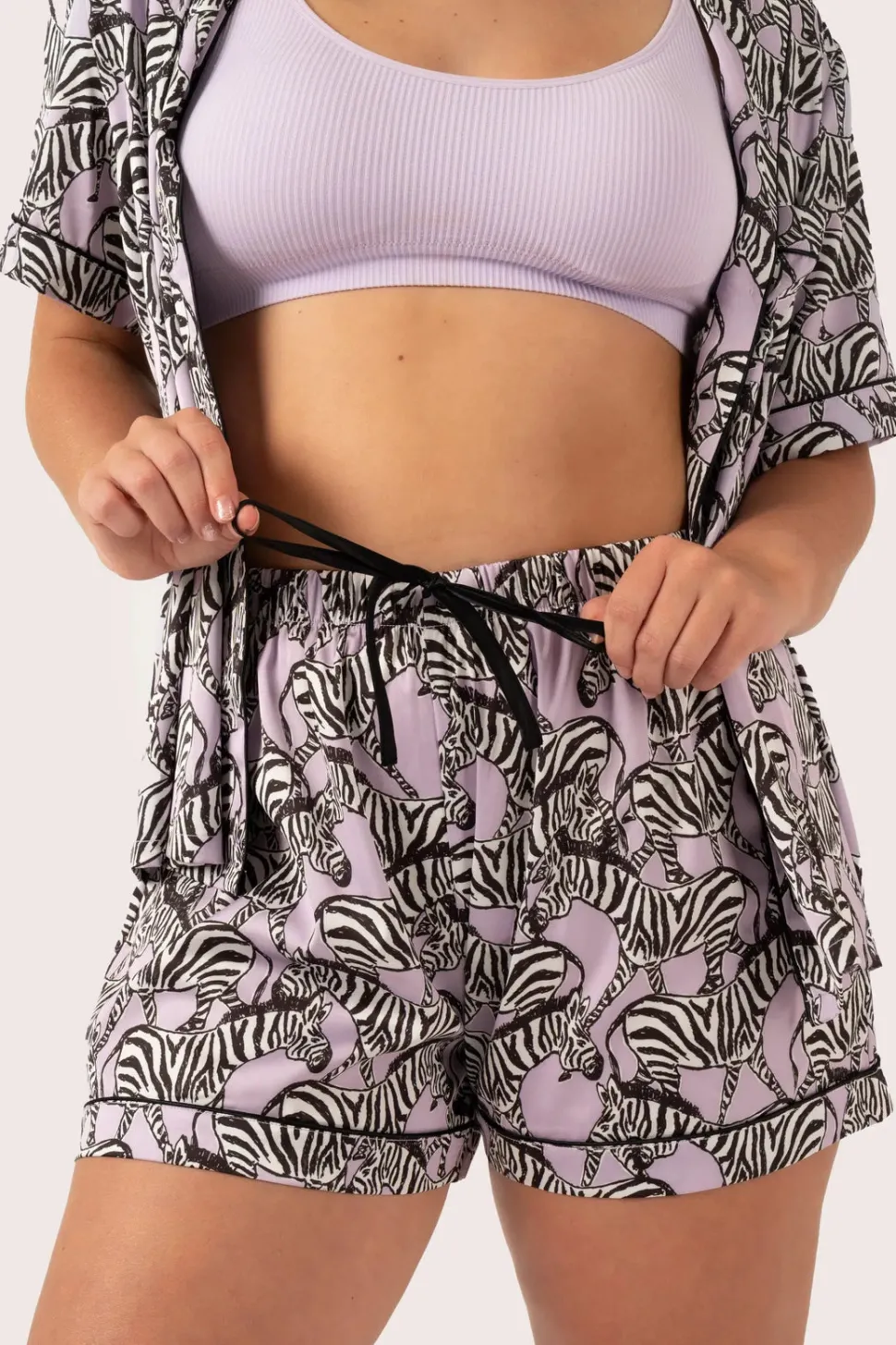 Lilac Zebra Zen Satin - Short Sleeve Button Up Shirt & Shorts Pyjama Set