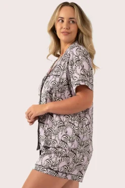 Lilac Zebra Zen Satin - Short Sleeve Button Up Shirt & Shorts Pyjama Set