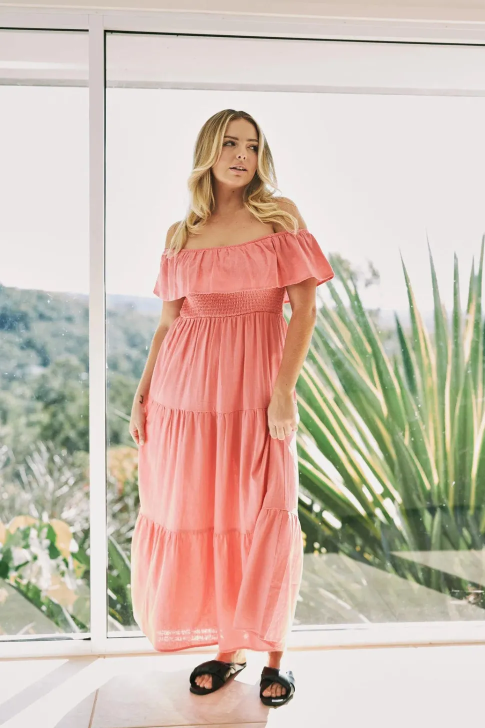 Linen Blend Shirred Ruffle Maxi Dress - Bubblegum Pink