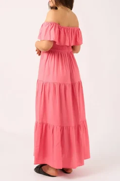 Linen Blend Shirred Ruffle Maxi Dress - Bubblegum Pink