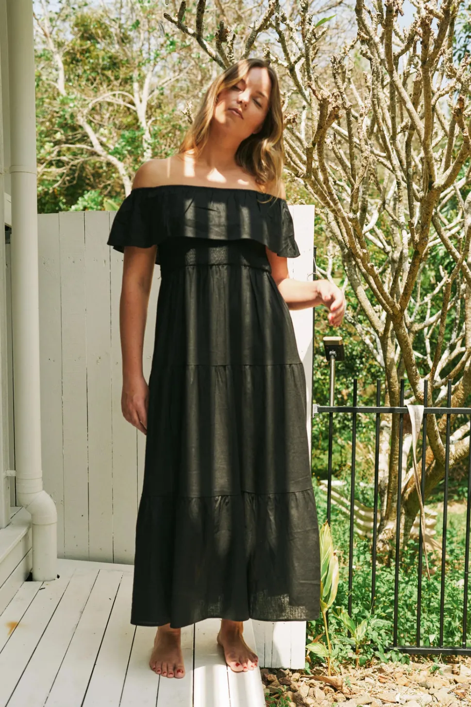 Linen Blend Shirred Ruffle Maxi Dress - Black