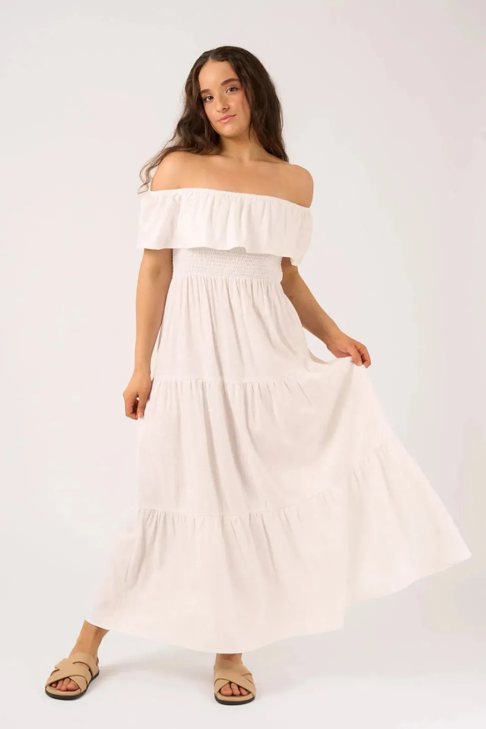Linen Blend Shirred Ruffle Maxi Dress - White