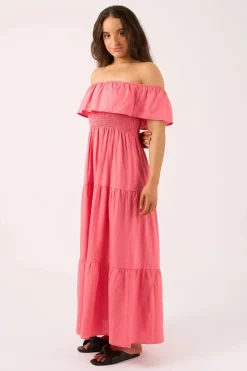 Linen Blend Shirred Ruffle Maxi Dress - Bubblegum Pink
