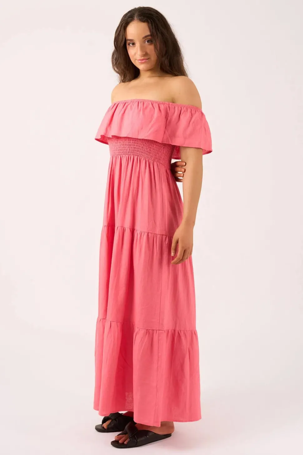 Linen Blend Shirred Ruffle Maxi Dress - Bubblegum Pink