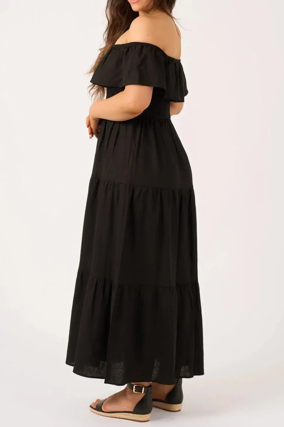 Linen Blend Shirred Ruffle Maxi Dress - Black