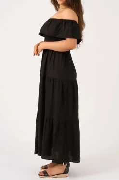 Linen Blend Shirred Ruffle Maxi Dress - Black