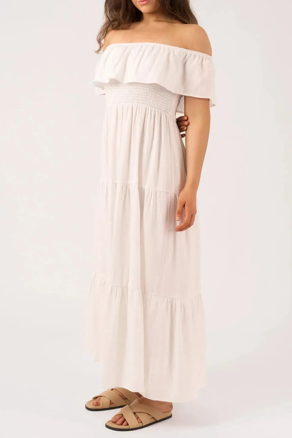 Linen Blend Shirred Ruffle Maxi Dress - White