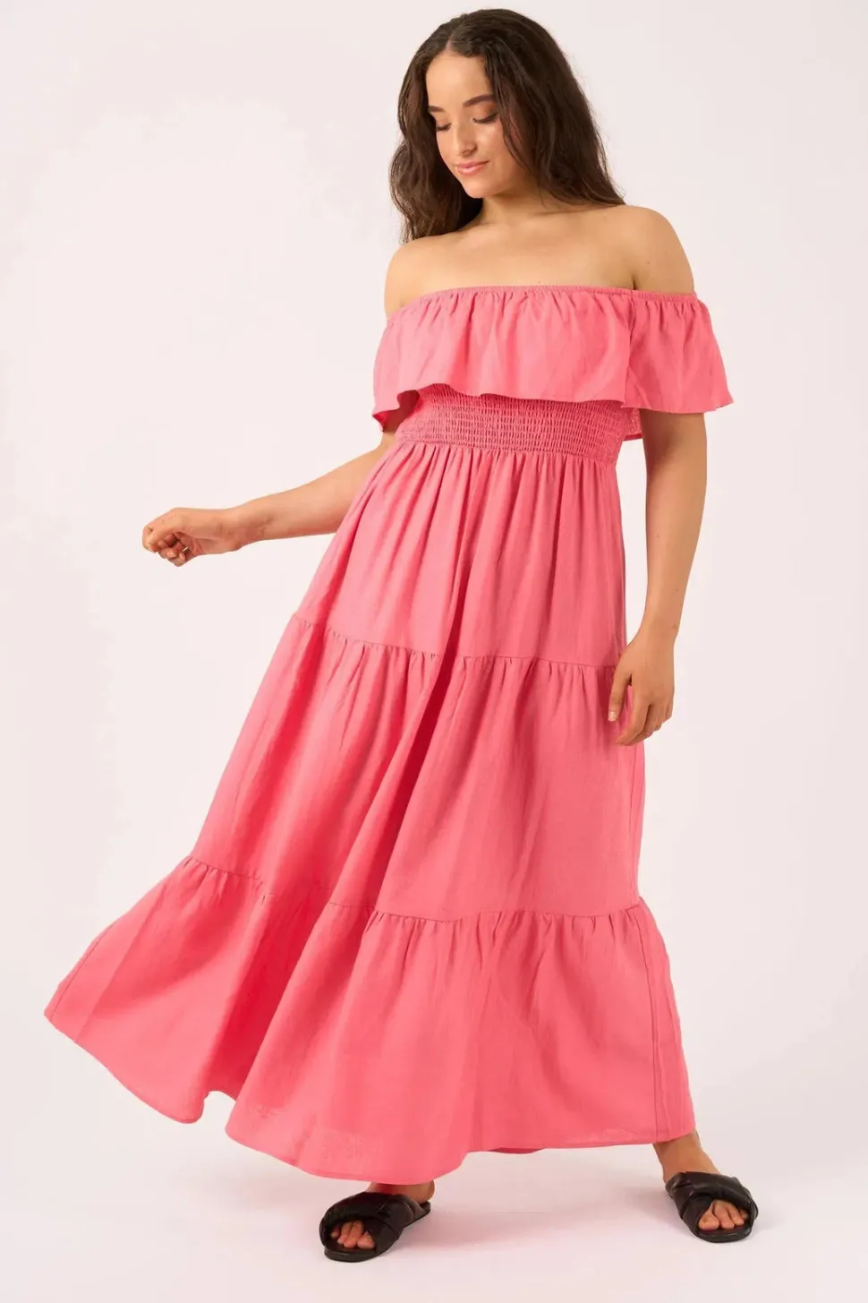 Linen Blend Shirred Ruffle Maxi Dress - Bubblegum Pink