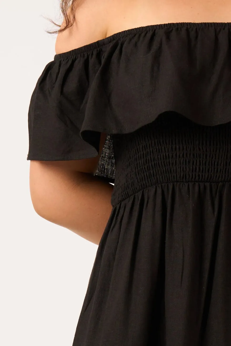 Linen Blend Shirred Ruffle Maxi Dress - Black