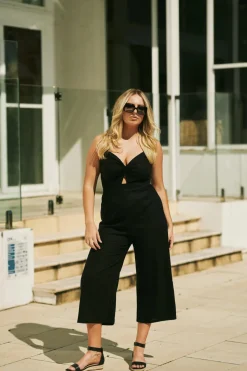 Linen Blend Twist Front Jumpsuit - Black