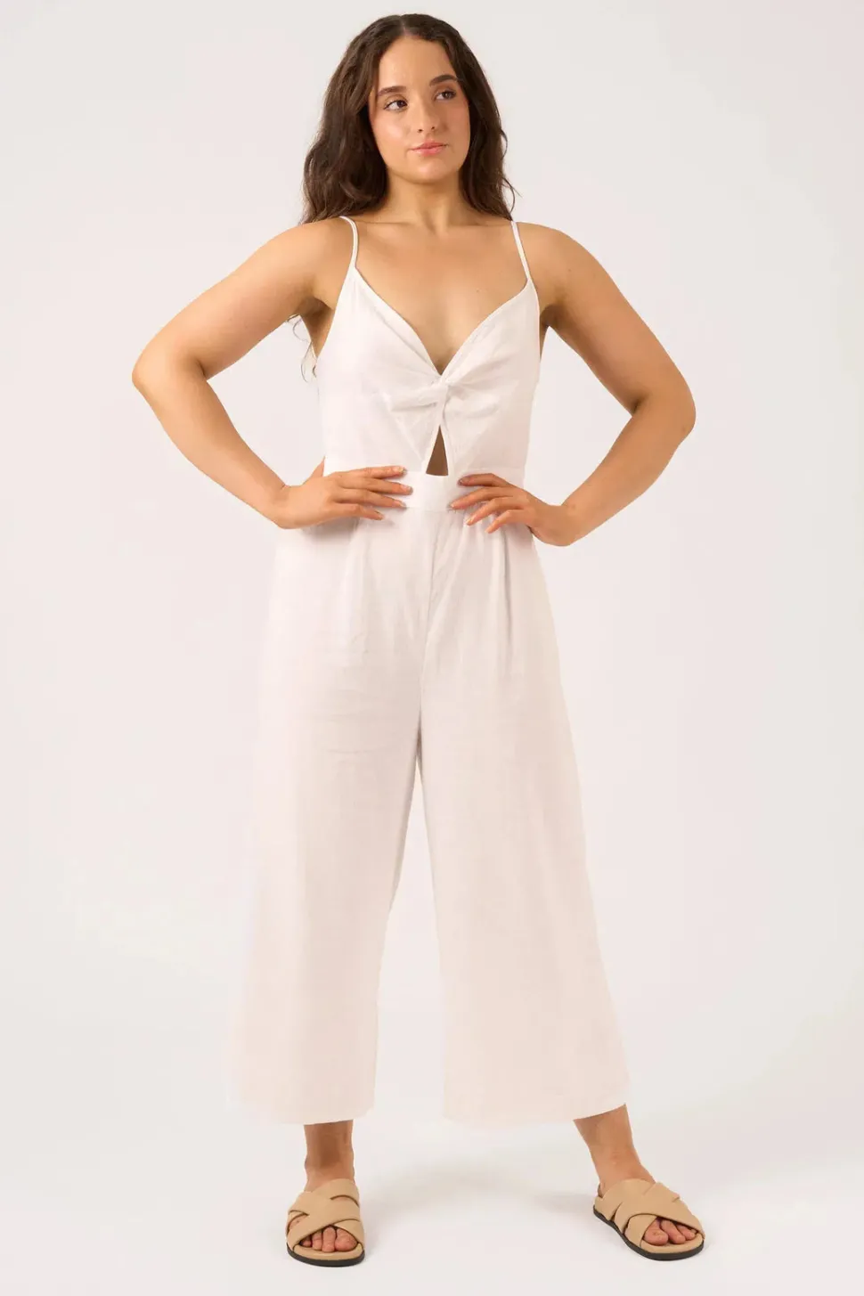 Linen Blend Twist Front Jumpsuit - White