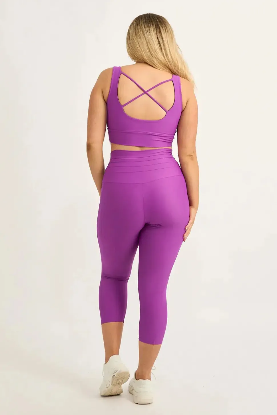 Purple Performance - Panel Pocket Drawstring Capri Leggings